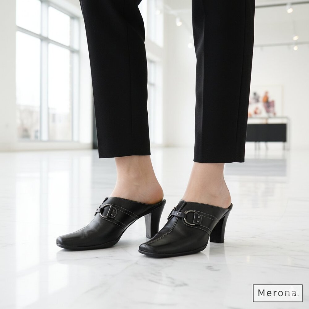 Merona Micah 9 Buckle Mule Black Genuine Leather Lightweight Cushioned, Flexible